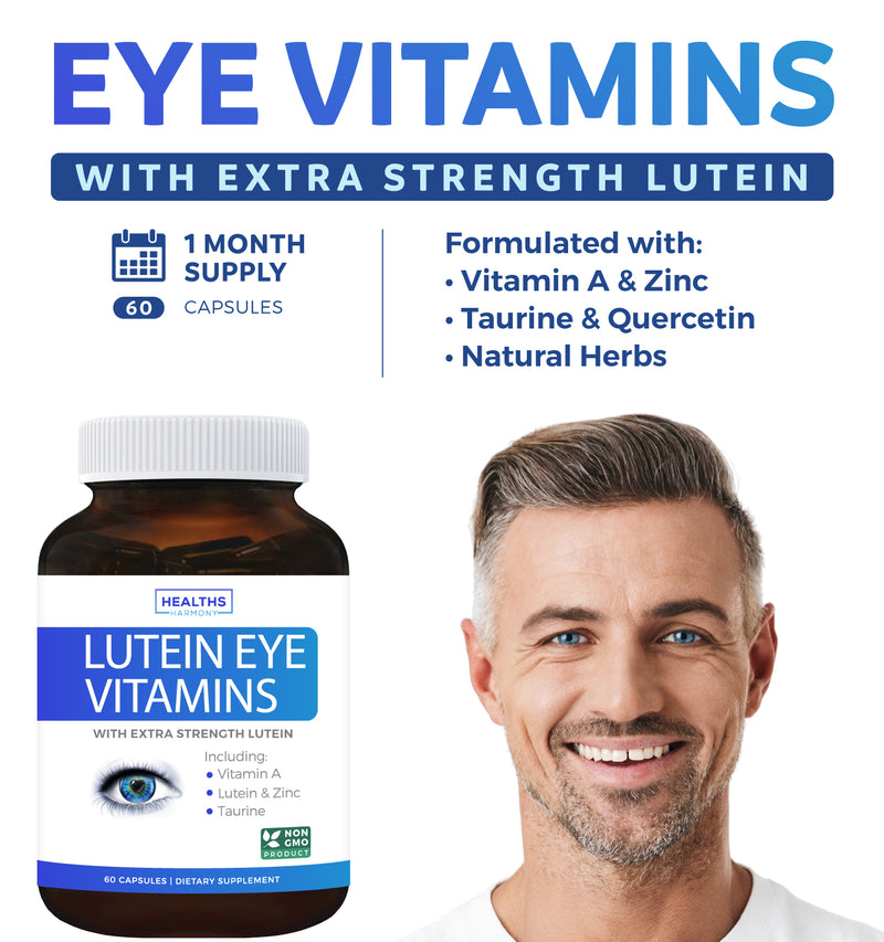 Healths Harmony Lutein Eye Vitamins (Non-GMO) Vision Support Supplement for Dry Eyes & Vision Health Care - Bilberry - Proudly Made in The USA - 60 Capsules