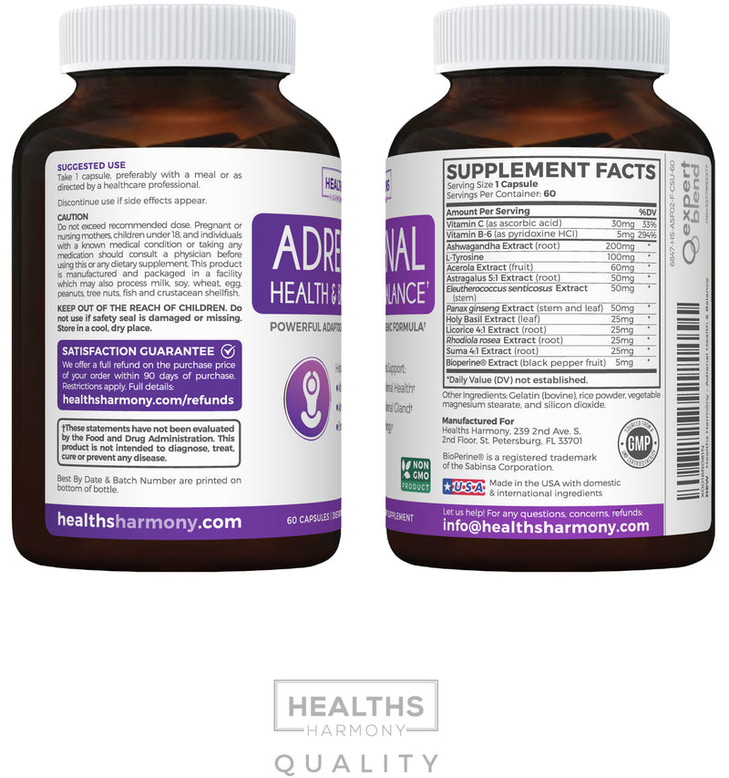 Healths Harmony Adrenal Support (NON-GMO) Comprehensive Adrenal Health with L-Tyrosine & Ashwagandha - Helps maintain Balanced Cortisol Levels & Stress Relief - Fatigue Supplement - 60 Capsules