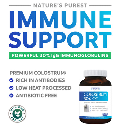 Healths Harmony Colostrum 1,000mg (Non-GMO) 30% IgG Immunoglobulins - Immune System Support, Gut Health & Respiratory Health Supplement - Low Heat Processed Bovine Colostrum - 60 Capsules