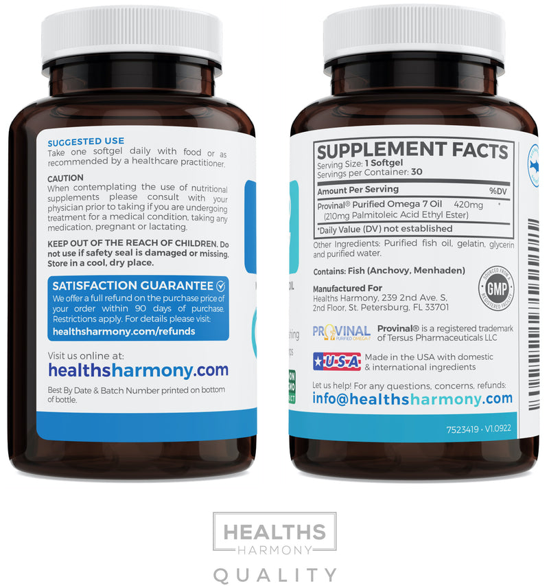 Healths Harmony Purified Omega 7 Oil - Provinal Omega 7 (Non-GMO) All The Palmitoleic Acid EE Your Body Needs – Made from Peruvian Anchovy Fish - High Potency One Month Supply - 30 Softgels