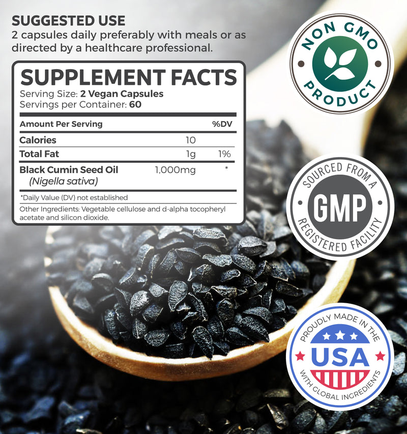 Healths Harmony Black Seed Oil Softgel Capsules (NON-GMO & Vegan) Made from Cold Pressed Nigella Sativa Producing Pure Black Cumin Seed Oil - Made in the USA - 120 Capsules (500mg each)