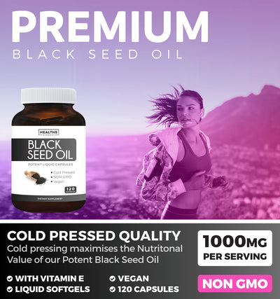 Healths Harmony Black Seed Oil Softgel Capsules (NON-GMO & Vegan) Made from Cold Pressed Nigella Sativa Producing Pure Black Cumin Seed Oil - Made in the USA - 120 Capsules (500mg each)