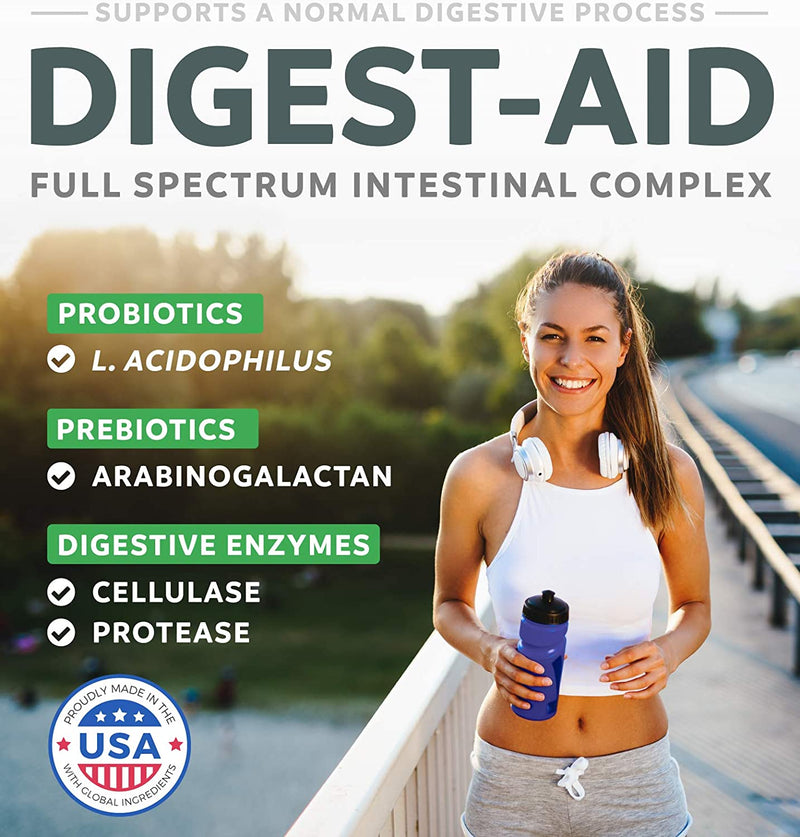 Digestion aid, full-spectrum intestinal complex. Contains Probiotics, prebiotics and digestive enzymes 