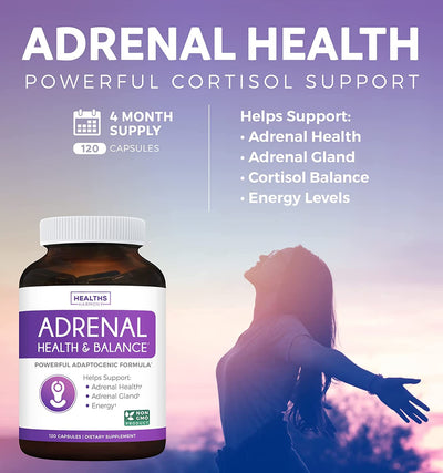 Healths Harmony Adrenal Support (NON-GMO) Comprehensive Adrenal Health with L-Tyrosine & Ashwagandha - Helps maintain Balanced Cortisol Levels & Stress Relief - Fatigue Supplement - 120 Capsules