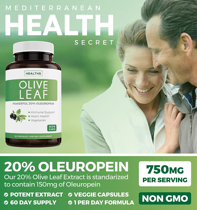 Healths Harmony Olive Leaf Extract (NON-GMO) Super Strength: 20% Oleuropein - 750mg - Vegetarian - Immune Support, Cardiovascular Health & Antioxidant Supplement - No Oil - 60 Capsules