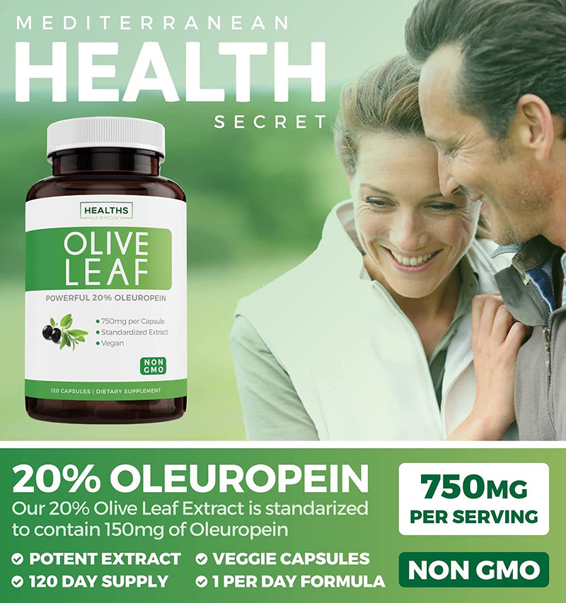 Healths Harmony Olive Leaf Extract (NON-GMO) Super Strength: 20% Oleuropein - 750mg - Vegetarian - Immune Support, Cardiovascular Health & Antioxidant Supplement - No Oil - 120 Capsules