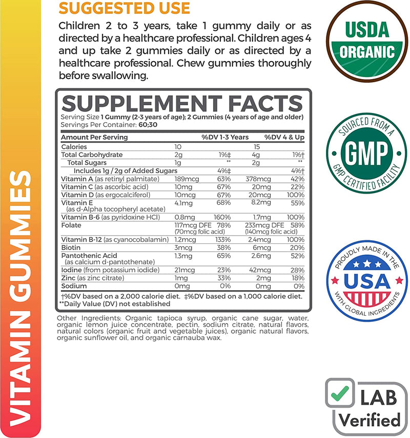 Children 2-3 years, take 1 gummy daily. children ages 4 and up 2 gummies daily with meals. Chew gummies thoroughly before swallowing. 