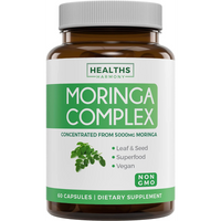 Healths Harmony Moringa Complex (Non-GMO) 5,000mg Herbal Equivalent - Moringa Oleifera Powder Extract from Seeds, Leaf & Fruit - Green Vegetarian Supplement - 60 Vegetarian Capsules (No Oil or Tea)