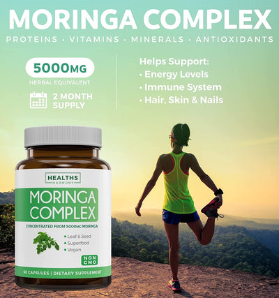 Healths Harmony Moringa Complex (Non-GMO) 5,000mg Herbal Equivalent - Moringa Oleifera Powder Extract from Seeds, Leaf & Fruit - Green Vegetarian Supplement - 60 Vegetarian Capsules (No Oil or Tea)
