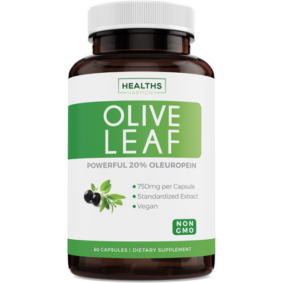 Healths Harmony Olive Leaf Extract (NON-GMO) Super Strength: 20% Oleuropein - 750mg - Vegetarian - Immune Support, Cardiovascular Health & Antioxidant Supplement - No Oil - 60 Capsules