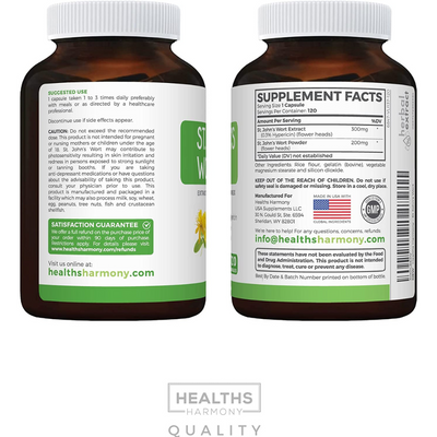 Healths Harmony St. John's Wort - 120 Capsules (Non-GMO) Powerful 900mcg Hypericin - No Oil or Pills - 500mg Supplement