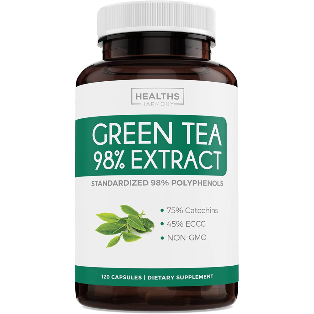 Healths Harmony Green Tea 98% Extract with EGCG - 120 Capsules (Non-GMO) for Natural Metabolism Boost - Leaf Polyphenol Catechins - Antioxidant Supplement