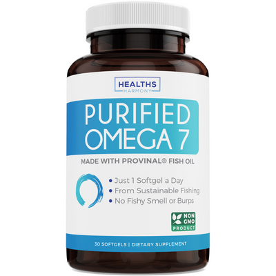 Healths Harmony Purified Omega 7 Oil - Provinal Omega 7 (Non-GMO) All The Palmitoleic Acid EE Your Body Needs – Made from Peruvian Anchovy Fish - High Potency One Month Supply - 30 Softgels
